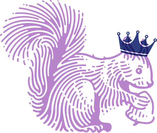 Drawing of a purple squirrel wearing a blue crown