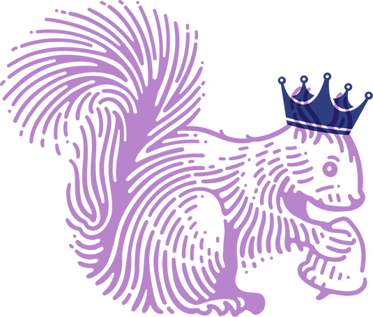 Purple stylized squirrel illustration wearing a royal blue crown, holding a small acorn.
