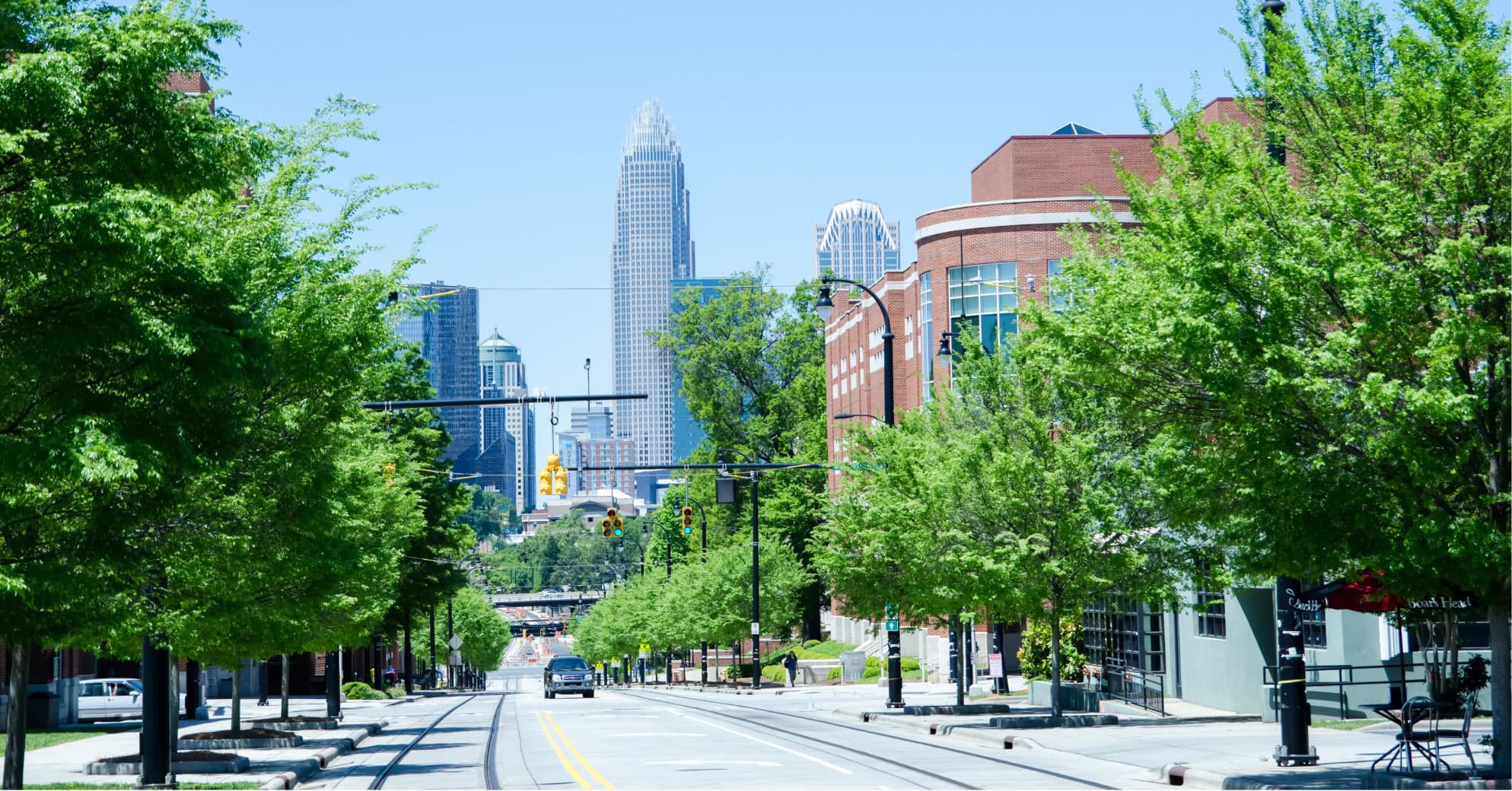 View of downtown Charlotte from middle of city street