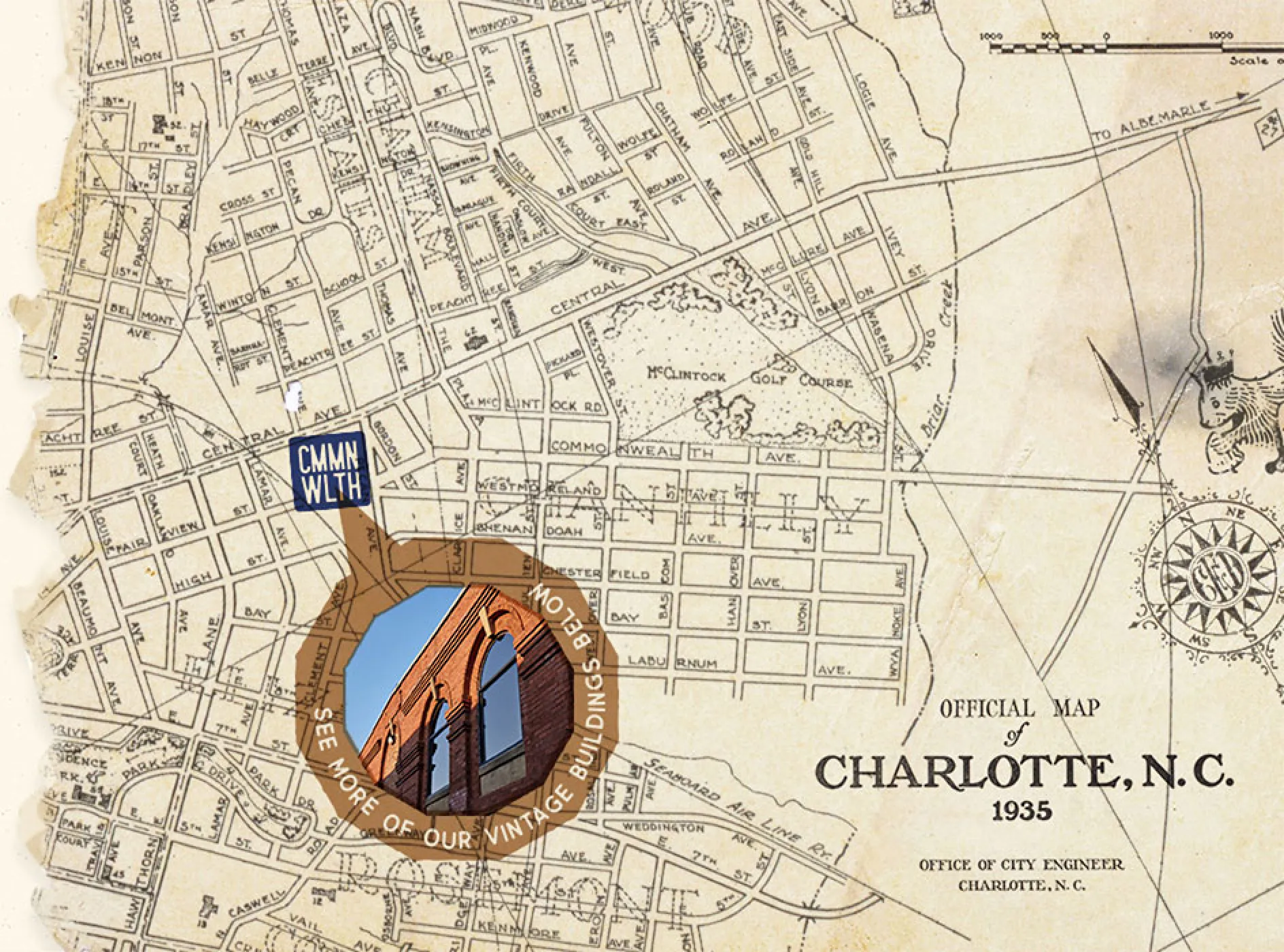 Antique city map marking Commonwealth area with magnified view of historic brick architecture