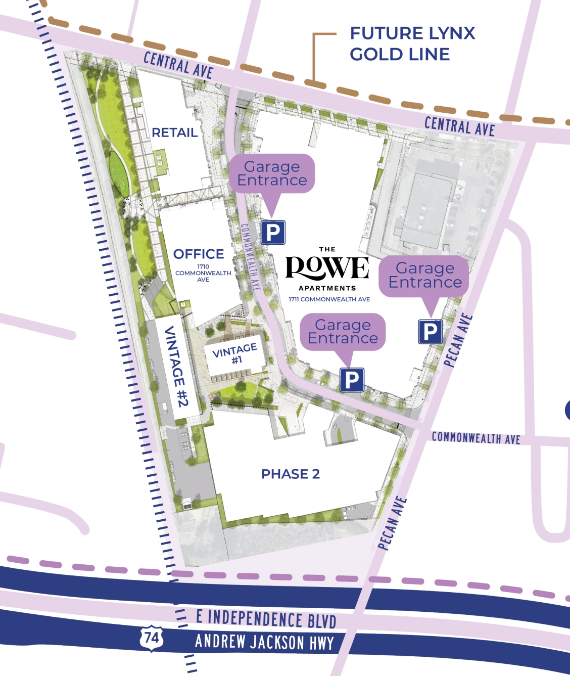 Illustrated map of Commonwealth Plaza Midwood highlighting retail, office, and garage entrances